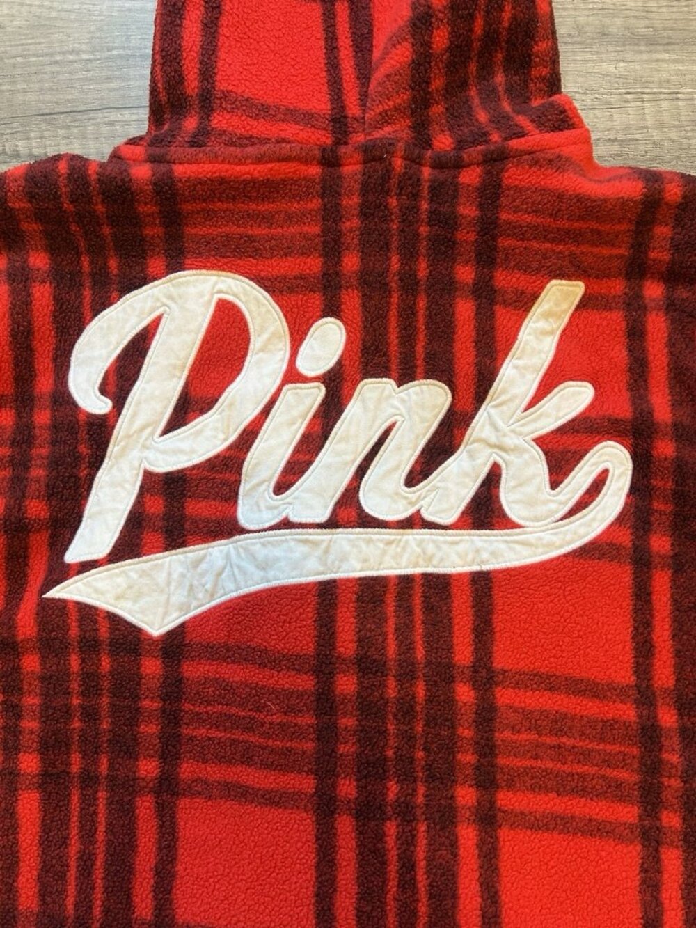 PINK Victoria's Secret Medium Polar Fleece Red Black Plaid Half-Zip Hoodie Gift - Picture 6 of 11